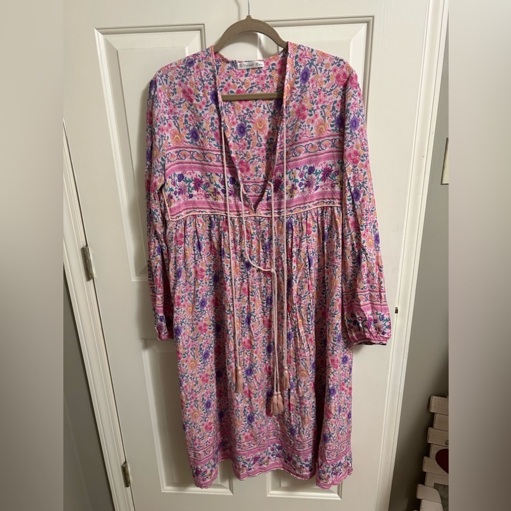 R.Vivimos Women's Boho Midi Dress Floral Long Sleeve Size XL Rayon Pink Peasant